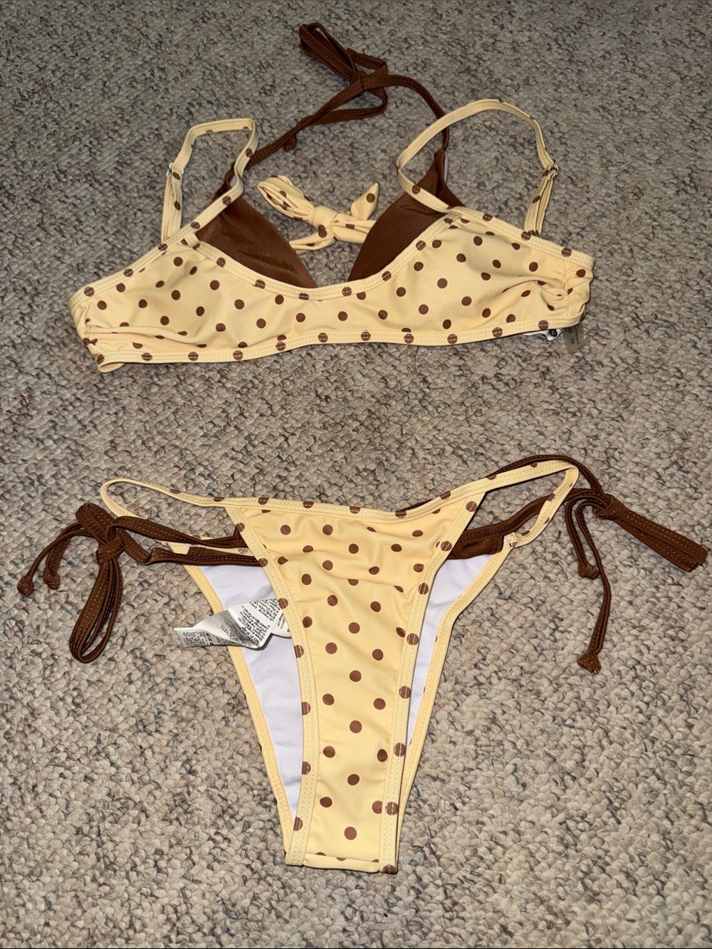 SHEIN Yellow and Brown Polka Dot Tie-Side Bikini